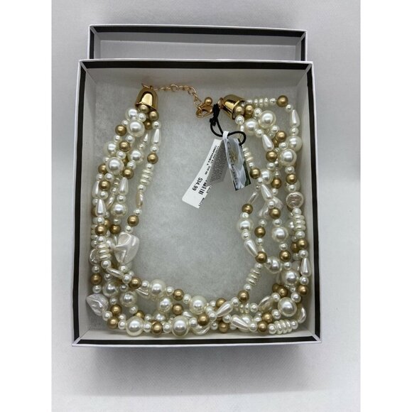Mixed Pearls & Shells Multi Strand Necklace in Gold and White - Picture 2 of 9